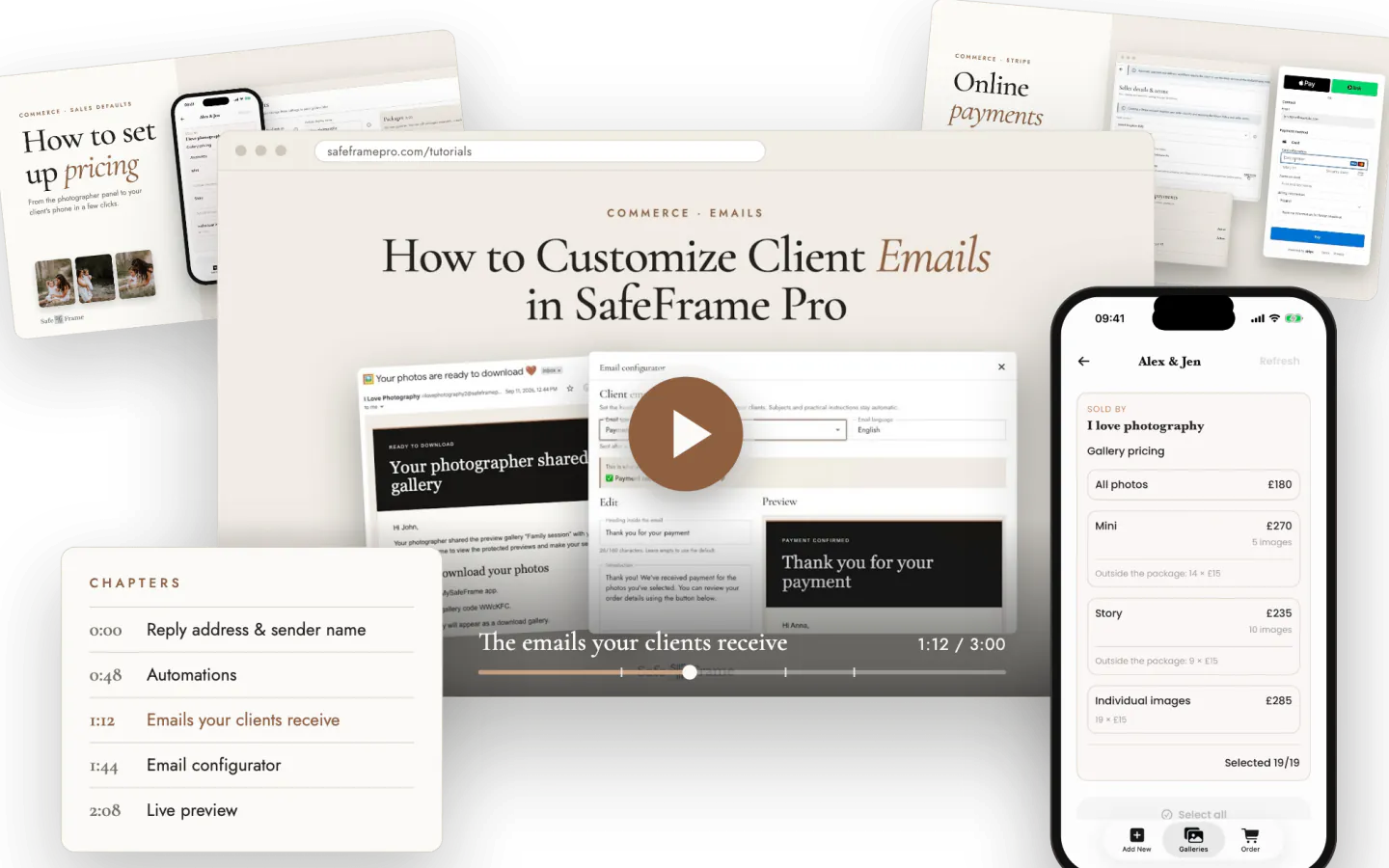 SafeFrame Pro video tutorials with chapters, the photographer panel and the pricing screen in the MySafeFrame app