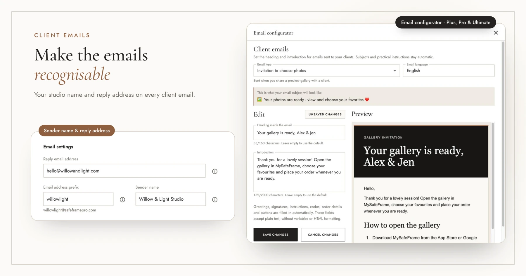 Schermate del pannello SafeFrame Pro: impostazioni email con indirizzo di risposta, prefisso che crea l'indirizzo di invio safeframepro.com e nome del mittente, accanto al Configuratore email che modifica titolo e introduzione dell'email di invito con anteprima in tempo reale